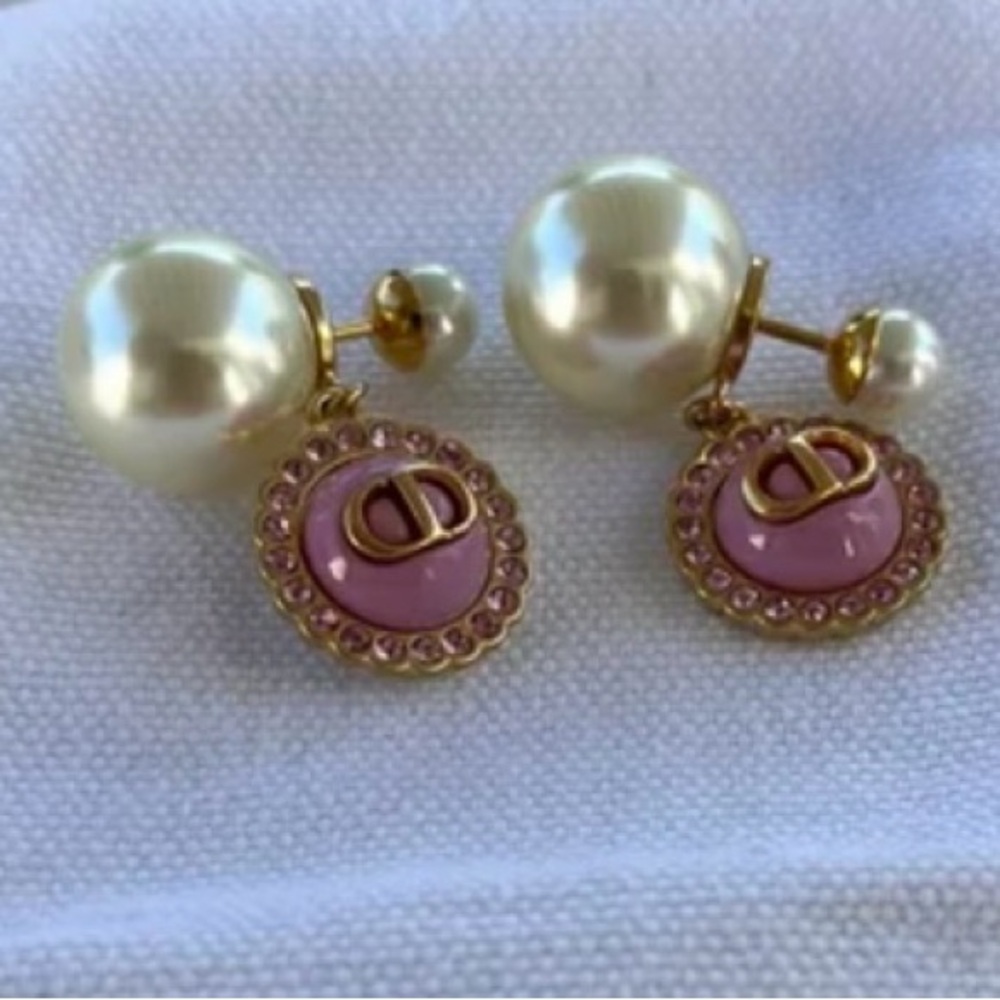 Dior Tribal Pearl Earrings Pink CD Logo Crystal Charm Authentic - Picture 2 of 9